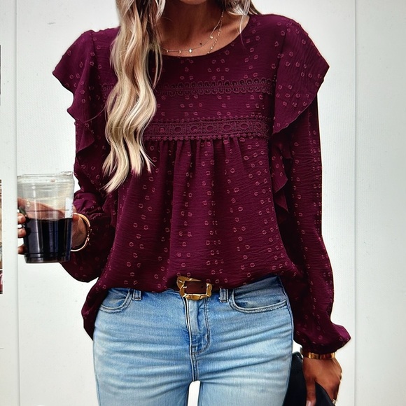 T.J.Maxx Tops - Burgundy Ruffle Long Sleeve Blouse – Textured Dot Detail, Feminine Fall Top